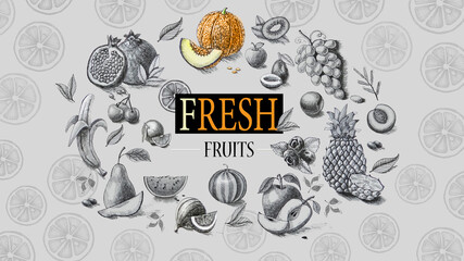 Organic food. Fresh fruits. Pencil drawing. - 157133856