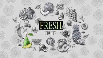 Organic food. Fresh fruits. Pencil drawing. - 157133885