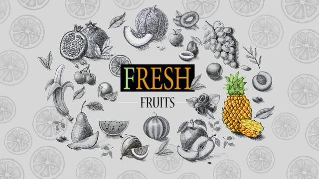 Organic food. Fresh fruits. Pencil drawing.