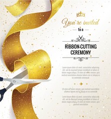 Grand opening vertical banner. Text with  confetti, golden splashes  and ribbons.Gold sparkles.  Elegant style. Vector Illustration - obrazy, fototapety, plakaty