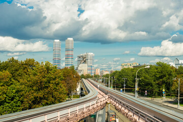 View of the line of the Moscow monorail, sculpture worker and collective farm girl and the new residential complexes