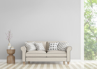 Modern vintage living room 3d rendering image.Decorate room with vintage style sofa There are large window overlooking to nature and forest