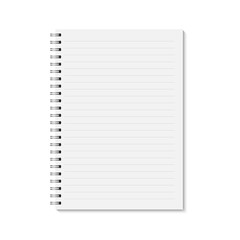 Vector realistic closed notebook. Vertical blank copybook with metallic silver spiral. Template (mock up) of organizer or diary isolated. Horizontal lined notebook. A4