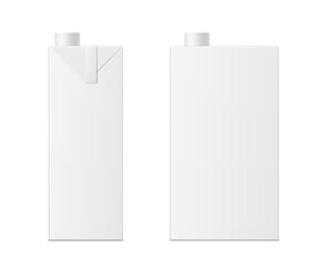 Vector 3d mock up of milk or juice box on white background. Realistic carton one liter package with cap isolated. Template for your design. Front view.