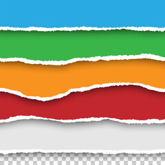 Vector seamless torn papers set on transparent background. Isolated ripped colored (red, blue, green, orange, white) paper edges with soft shadow. Template for your design.