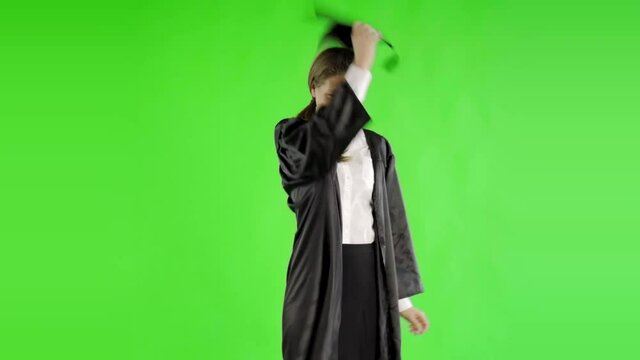 caucasian woman greenscreen cut out graduation robe university college