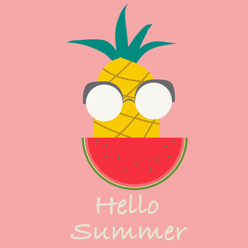 Hello Summer With Pineapple and watermelon Vector Illustration. 