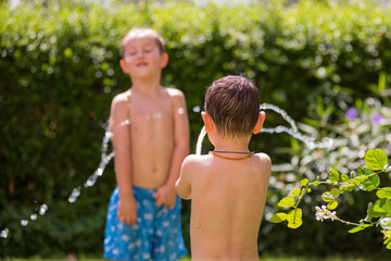 Fototapeta premium Children playing with water in the garden at the sunny day