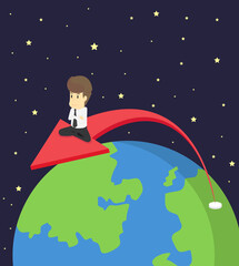 businessman sitting  on flying arrow, fly around the world orbit