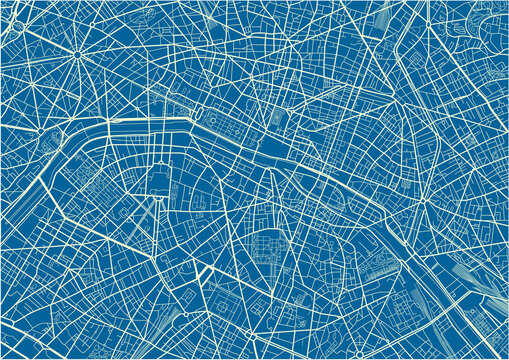 Blue and White vector city map of Paris with well organized separated layers.