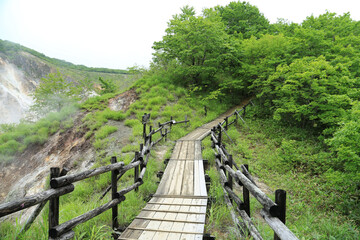 Fototapeta na wymiar Wooden walkway in Noboribetsu