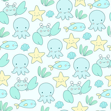 Cute sea animals seamless vector pattern for children. Yellow and aquamarine pastel colors. Funny friendly animals