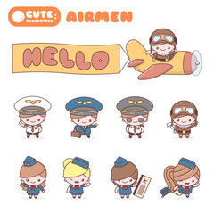 Cute chibi kawaii characters profession set: Airmen.