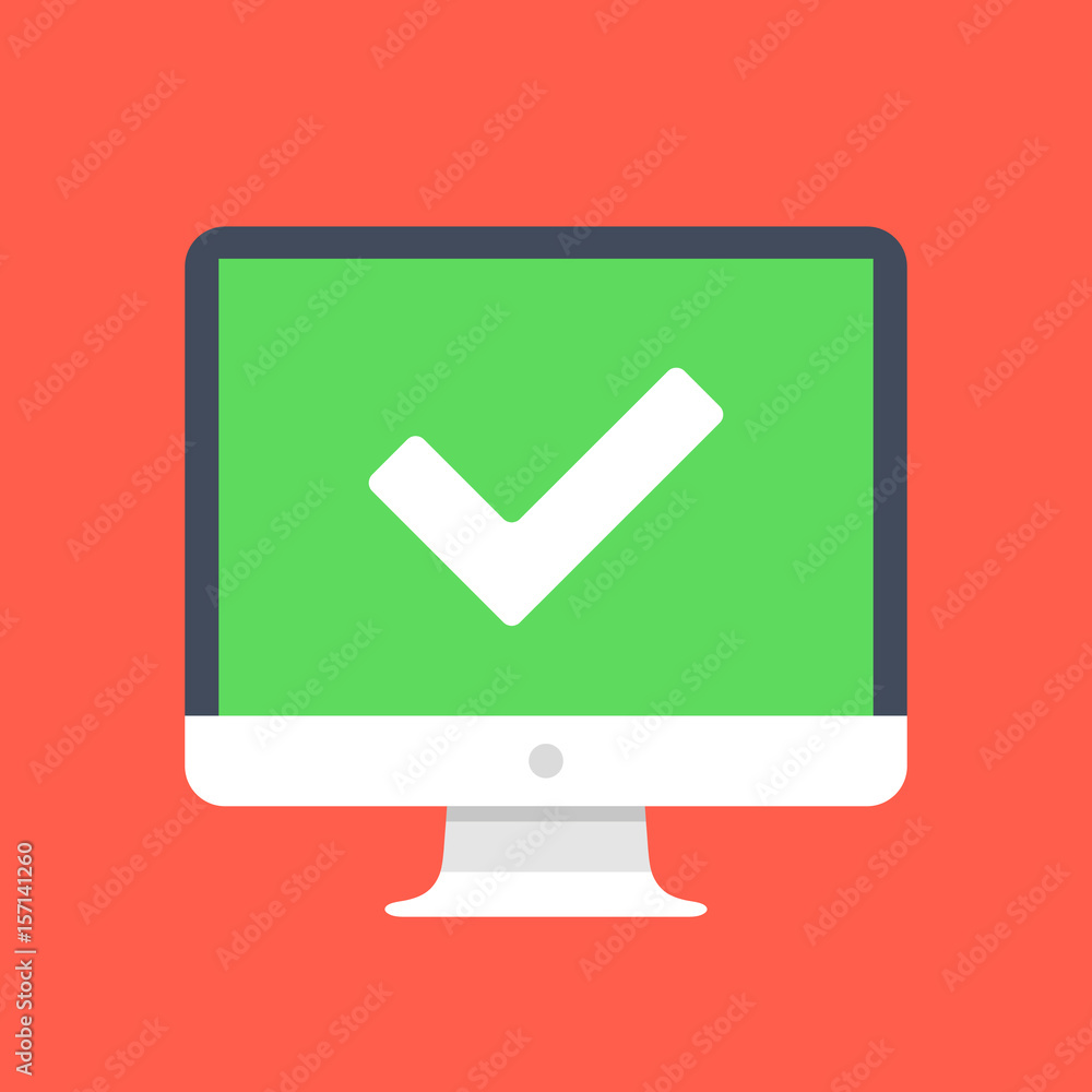 Poster green checkmark on computer screen. pc, desktop computer with white tick. success concept. modern fl