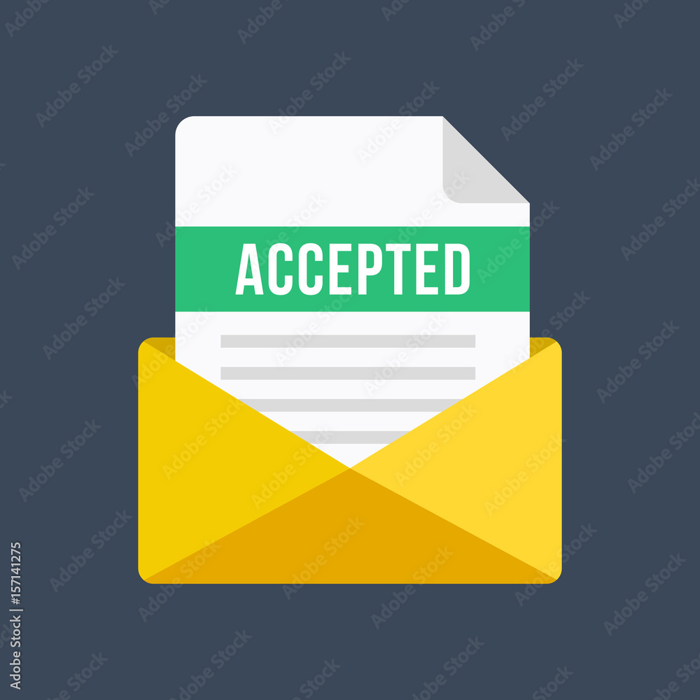 Poster envelope with acceptance letter. email and document with accepted title. modern flat design vector i