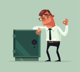 Happy smiling rich office worker businessman character stand near safety safe deposit box. Vector flat cartoon illustration