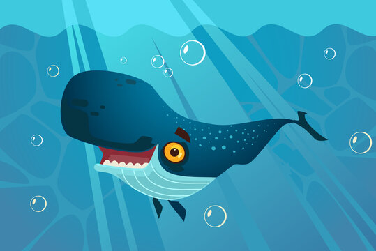 Happy smiling great blue whale character swims under water. Vector flat cartoon illustration