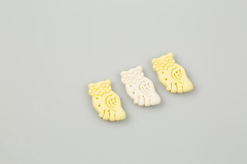 Dog cookies on a white background, top view