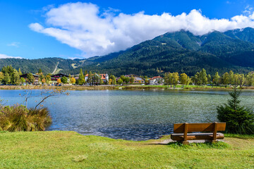 Relaxing at Lake Wildsee at Seefeld in Tirol, Austria - Europe - obrazy, fototapety, plakaty