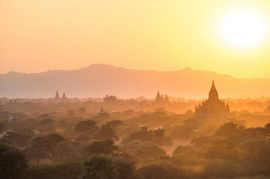 Sunrise in old pagodas field in Bagan Mandalay region, Myanmar (Burmar)