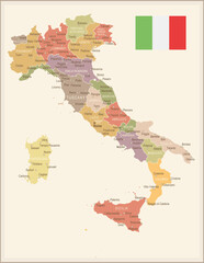 Italy - vintage map and flag - illustration