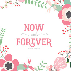 Wedding invitation card design with cute flower templates. Vector illustration