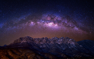 Ulsan bawi Rock with Milky way galaxy on Seoraksan mountains in winter, South Korea.