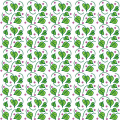 Vector illustration of a seamless texture with a picture of a bindweed with cuttings of green and lilac flowers between them with a yellow center on a white background.
