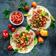 Tuna Tortilla with avocado, fresh salsa, limes, greens, parsley, tomatoes, red yellow pepper. colorful vegetable. Healthy Food