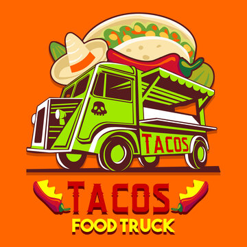 Food truck logotype for taco Mexican meal fast delivery service or summer food festival. Truck van with Mexican food advertise ads vector logo