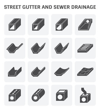Street gutter, drainage system vector icon consist of grate cover, precast concrete i.e. sewer pipe, trench, ditch, channel and manhole for access cleaning, drain rainwater, stormwater from road, city