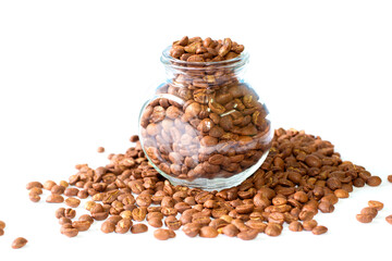 Coffee bean with glass bottle on white background