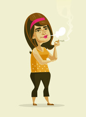 Happy smiling woman character smoking. Vector flat cartoon illustration