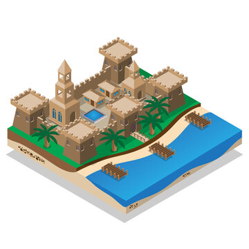 Old castle on the coast. Isometric. Vector illustration.