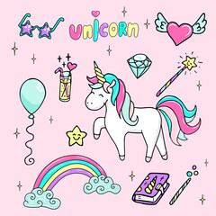 Set of hand drawn illustration of a magic unicorn, wand, star-sunglasses, diamond, magic book and other magic attributes