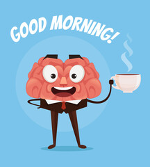 Happy smiling businessman office worker brain character dink fresh coffee. Good morning. Vector flat cartoon illustration