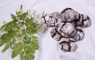 Homemade chocolate breakfast  cookies  and spring flowers. Homemade biscuit. Sweet dessert pastry.