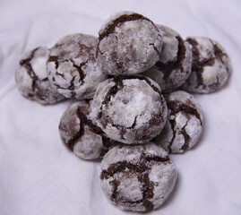 Homemade chocolate breakfast  cookies  and spring flowers. Homemade biscuit. Sweet dessert pastry.