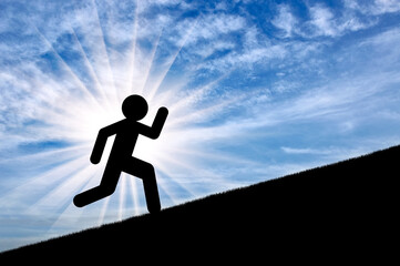 Flat icon of running man on sunset background, up on slope