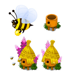 Bee carrying honey and bee hive in cartoon style