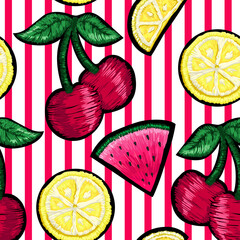 Seamless pattern of patches fruits. - 157147613