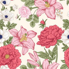 Seamless pattern with flowers. Vector illustration.
