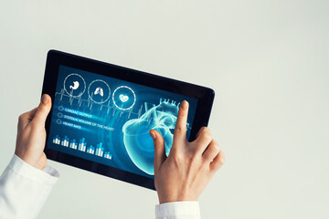 Close of female doctor hands working with tablet pc computer