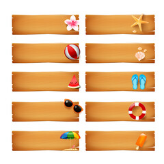 Naklejka premium Collection of blank wood banner with summer icon element isolated on white background vector illustration eps10