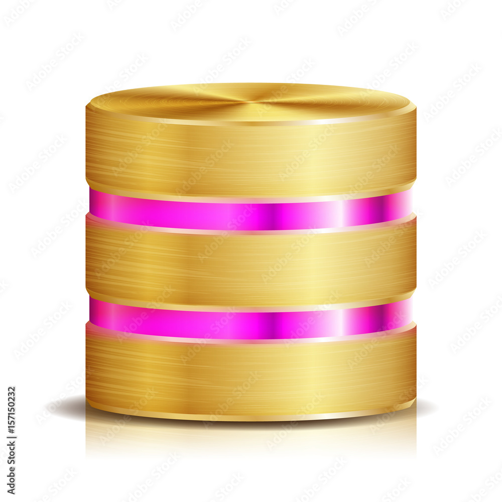 Poster network database disc icon vector. realistic illustration of computer hard disk. golden metal. backu