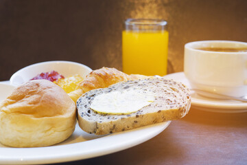 Bread breakfast set with milk and coffee