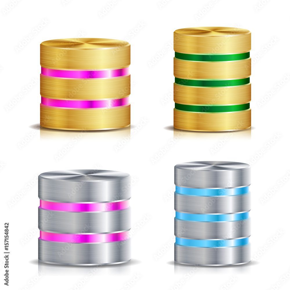 Poster network database disc icon vector set. realistic illustration of computer hard disk. golden metal, s