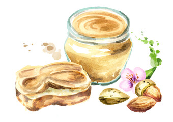 Almond butter hand drawn watercolor illustration