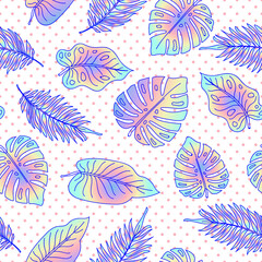 Palm tree leaves seamless pattern with dots.