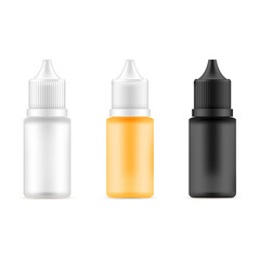 Set of bottles with different colors. Template for medical or cosmetic fluid, drops, oil, juice
